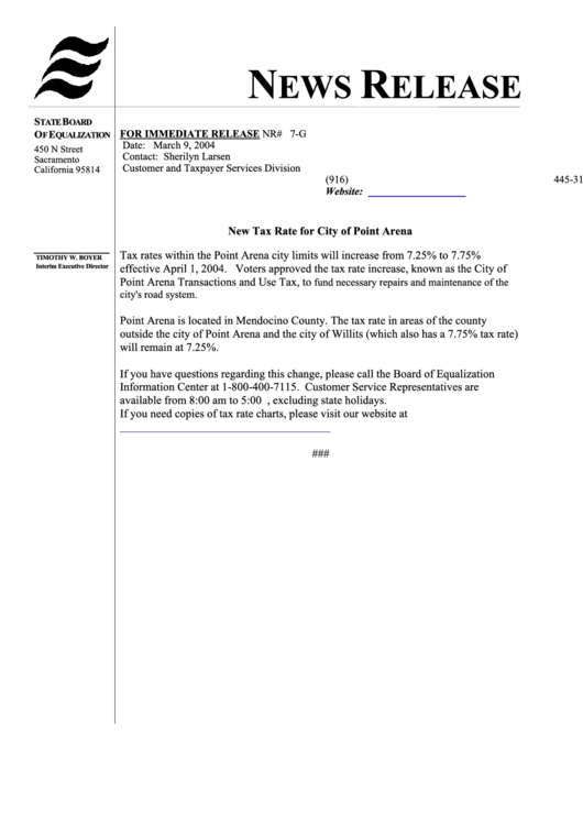 News Release Form California - State Board Of Equalization Printable pdf