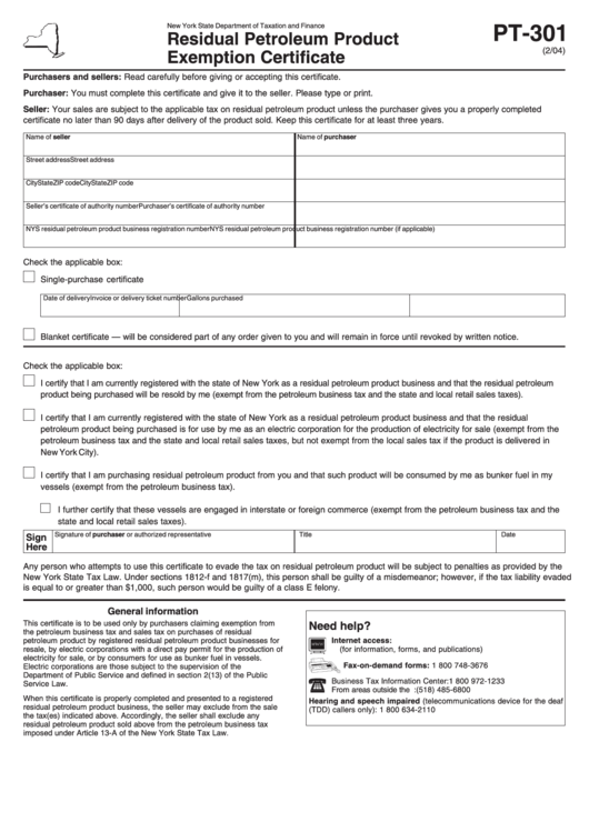 Form Pt-301 - Residual Petroleum Product Exemption Certificate - New York State Department Of Taxation And Finance Printable pdf