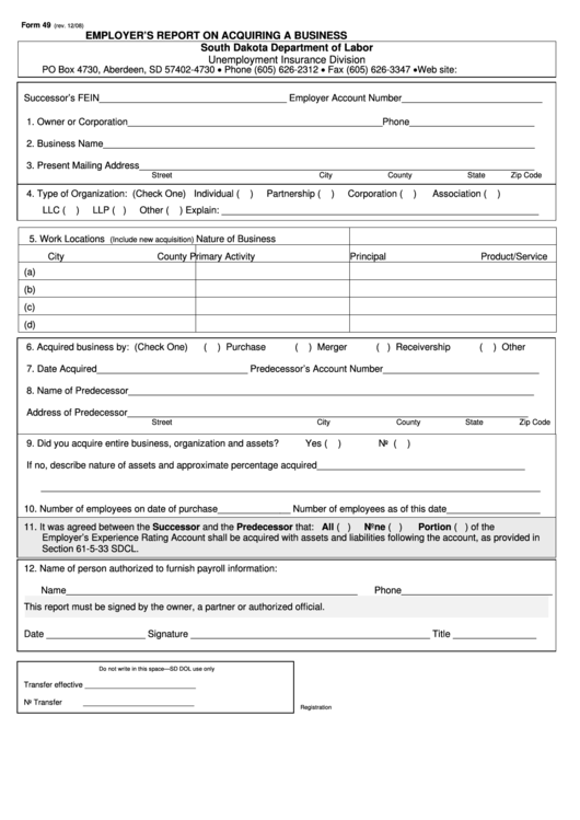Form 49 - Employer's Report On Acquiring A Business