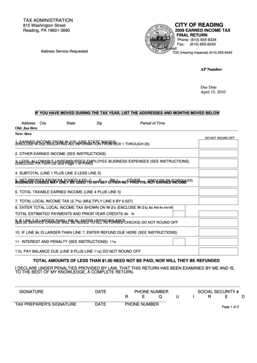 2009 Earned Income Tax Final Return - City Of Reading Printable pdf
