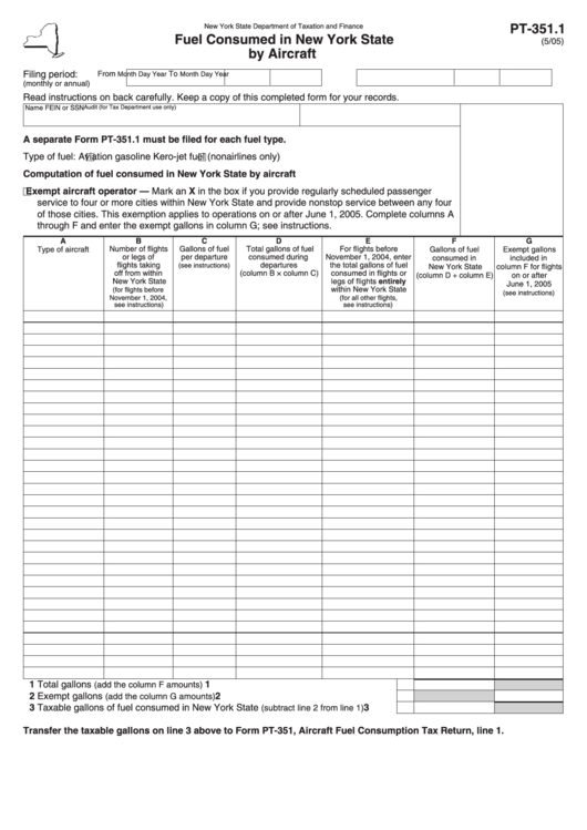 Form Pt-351.1 - Fuel Consumed In New York State By Aircraft - New York State Department Of Taxation And Finance Printable pdf