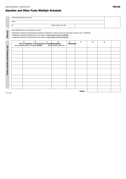 Fillable Form Pda-56 - Gasoline And Other Fuels Multiple Schedule - Minnesota Department Of Revenue Printable pdf