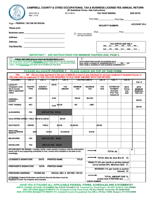 Form Cc-3 - Campbell County & Cities Occupational Tax & Business License Fee Annual Return - 2014 Printable pdf
