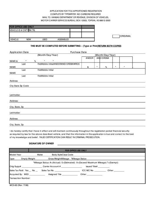 Form Mcs-63 - Application For Title-Apportioned Registration Printable pdf