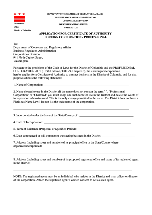 Application For Certificate Of Authority Foreign Corporation - Professional - District Of Columbia Printable pdf