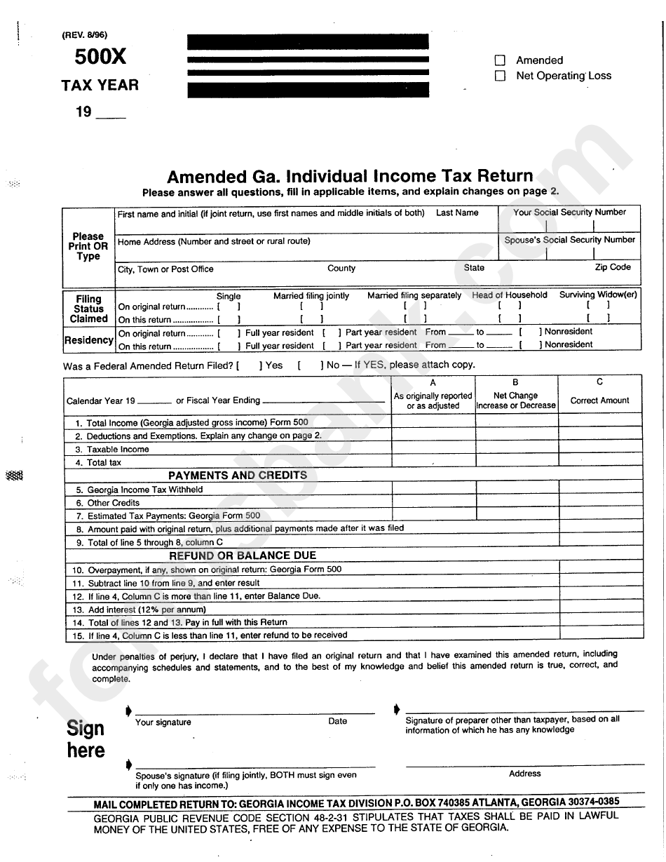 Fillable Form 500x Amended Ga individual Income Tax Return Printable Pdf Download