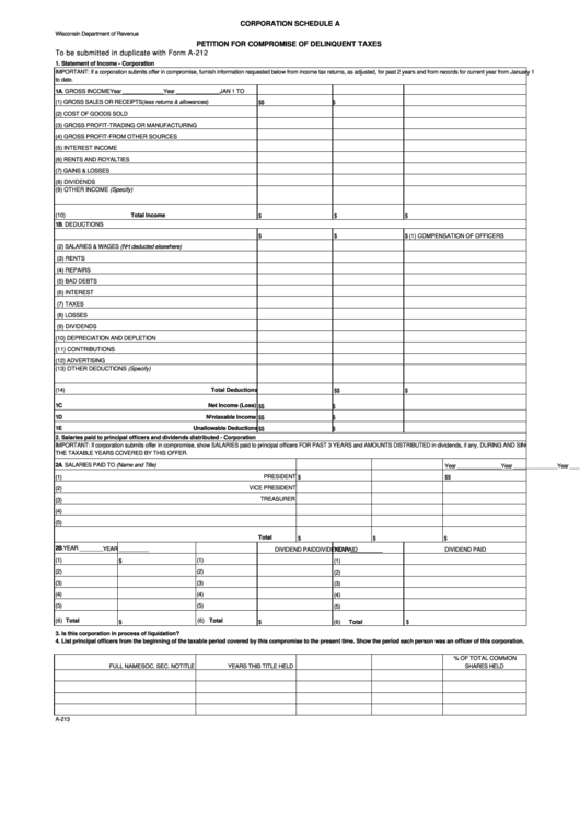 Form A-213 - Corporation Schedule A - Petition For Compromise Of Delinquent Taxes Printable pdf