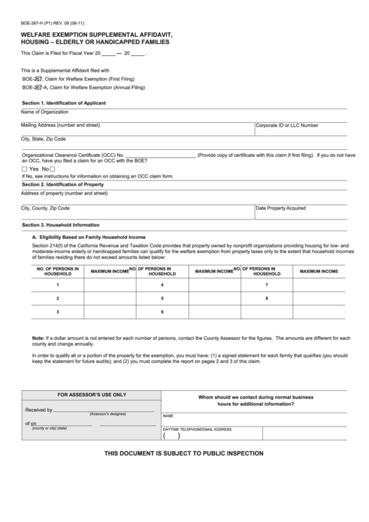Fillable Form Boe-267-H - Welfare Exemption Supplemental Affidavit, Housing - Elderly Or Handicapped Families - 2011 Printable pdf