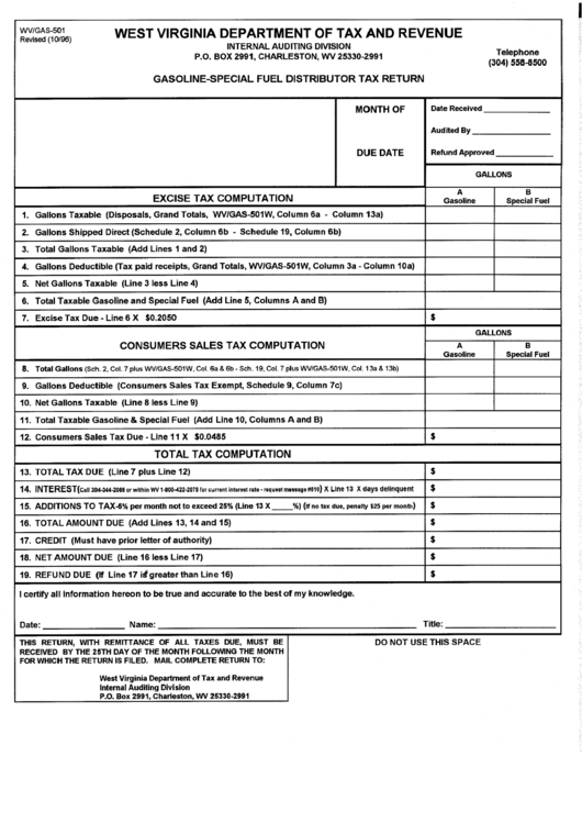 Form Wv/gas-501 - Gasoline-Special Fuel Distributor Tax Return Printable pdf