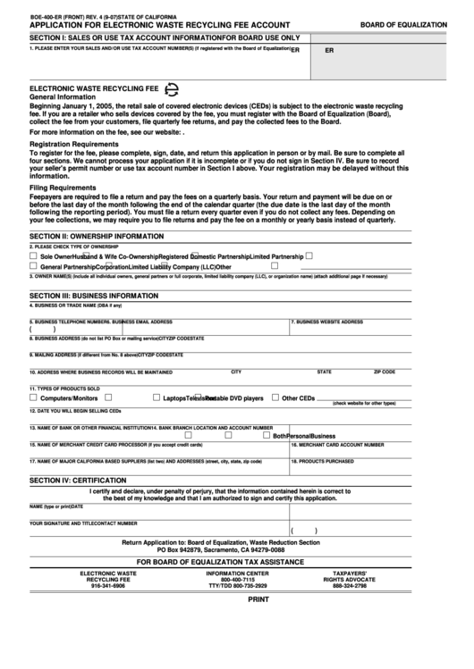Fillable Form Boe-400-Er - Application For Electronic Waste Recycling Fee Account Printable pdf