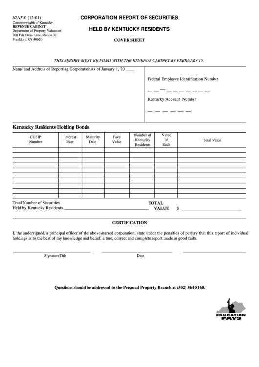 Form 62a310 - Corporation Report Of Securities Held By Kentucky Residents Printable pdf