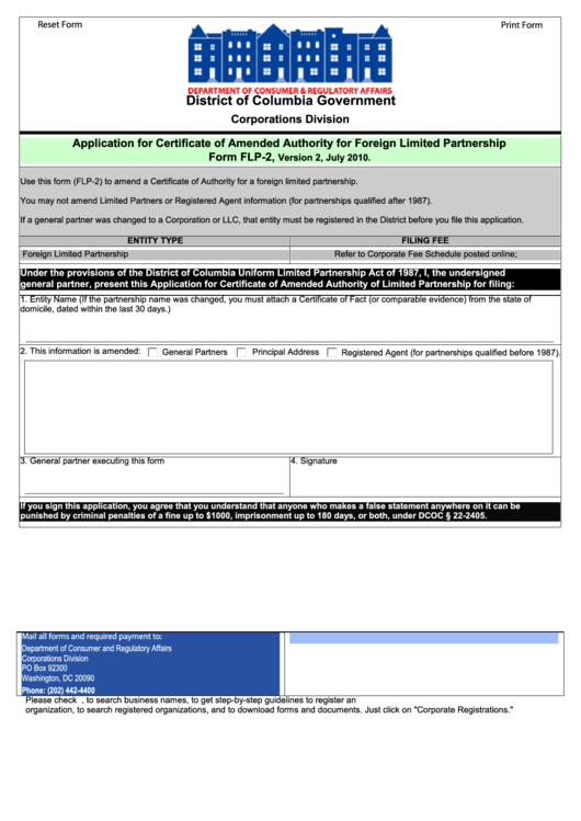 Fillable Form Flp-2 - Application For Certificate Of Amended Authority For Foreign Limited Partnership - 2010 Printable pdf