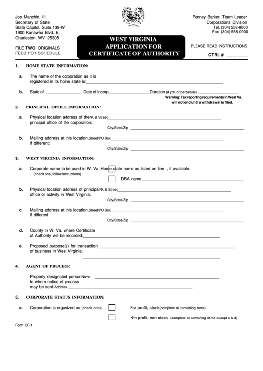 Fillable Form Cf-1 - Application For Certificate Of Authority Printable pdf
