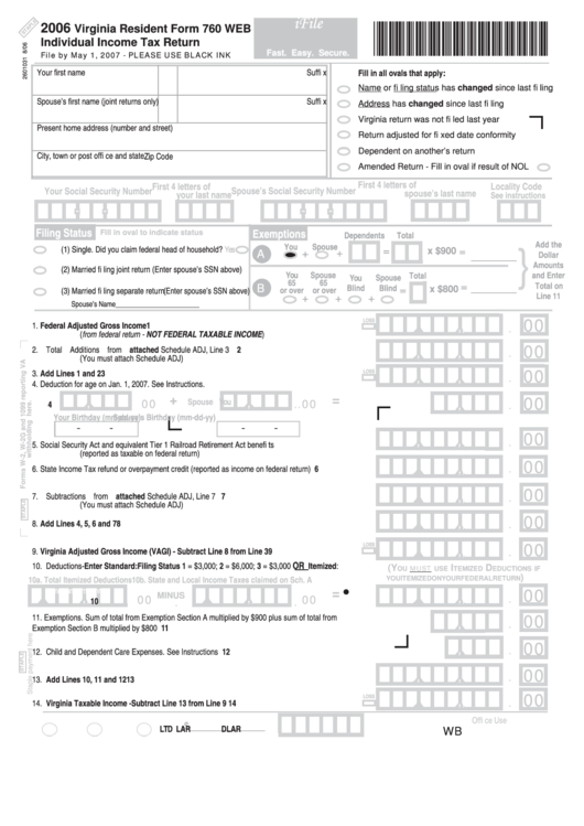 Virginia Resident Form 760 Web - Individual Income Tax Return - 2006 Printable pdf