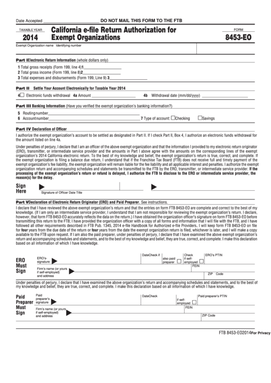 Fillable Form 8453-Eo - California E-File Return Authorization For Exempt Organizations - 2014 Printable pdf
