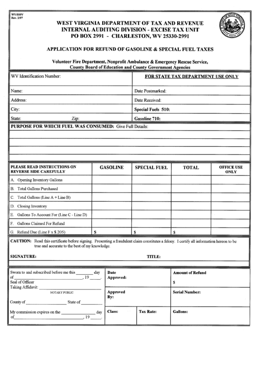Form Wv/509v - Application For Refund Of Gasoline And Special Fuel Taxes Printable pdf