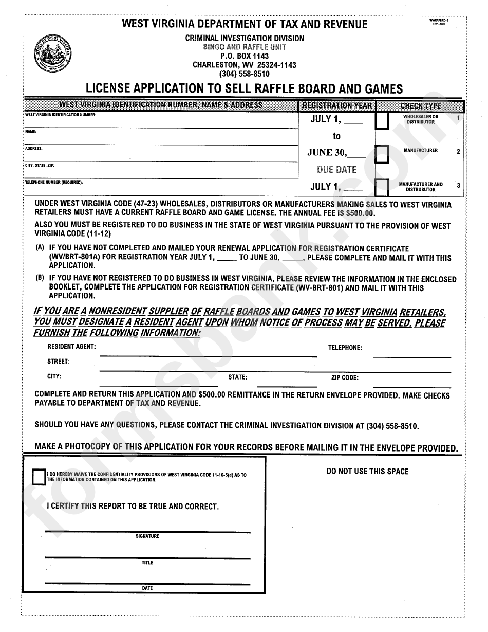 Form Wv/rafbrd-1 - License Application To Sell Raffle Board And Games
