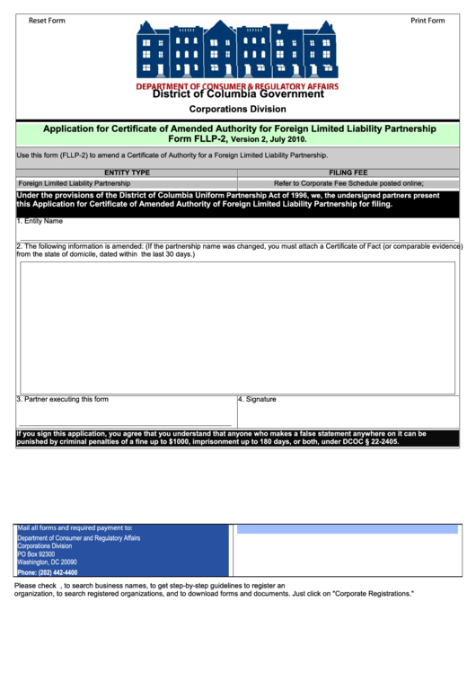 Fillable Form Fllp-2- Application For Certificate Of Amended Authority For Foreign Limited Liability Partnership - 2010 Printable pdf