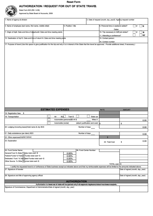 Fillable Form 823 - Authorization / Request For Out Of State Travel Printable pdf