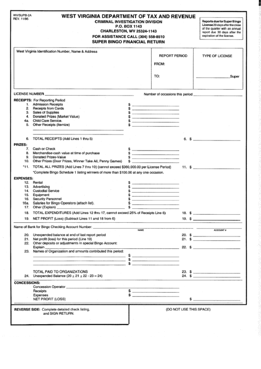 Fillable Form Wv/supb-2a - Super Bingo Financial Return Printable pdf
