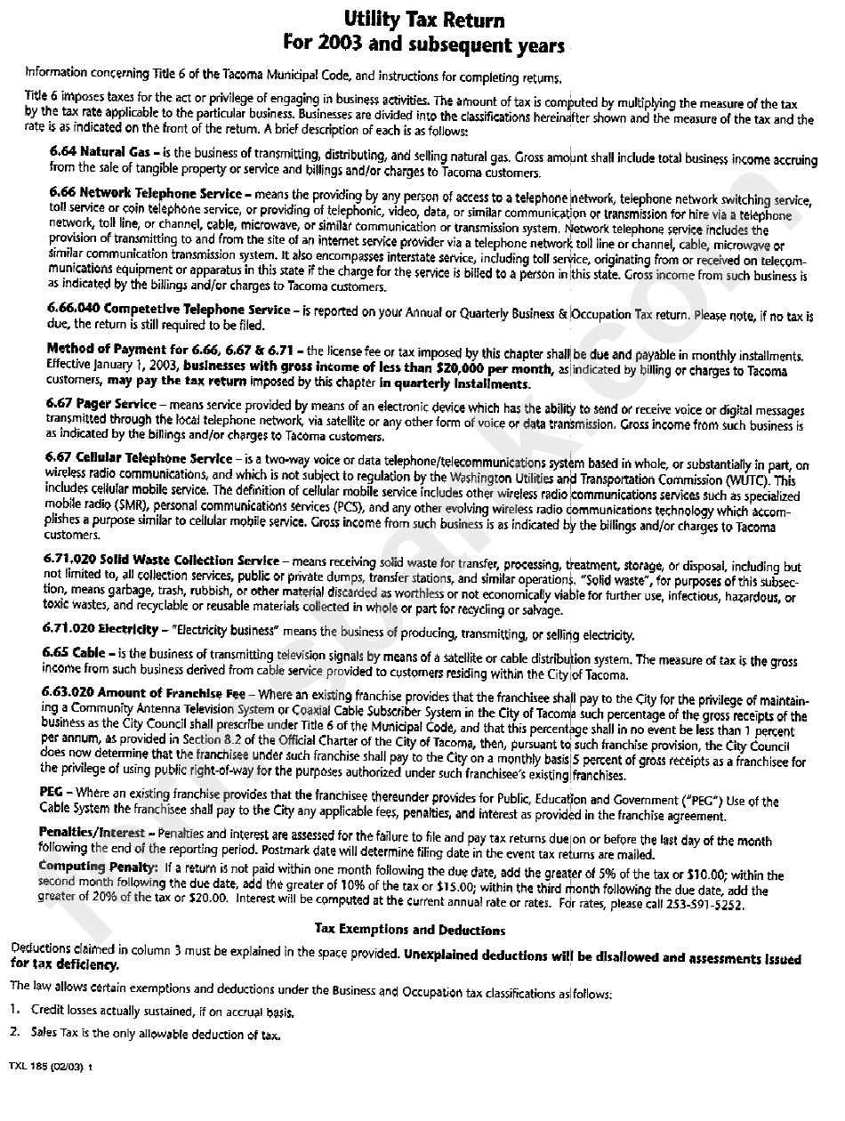 Instructions For Utility Tax Return Sheet - 2003