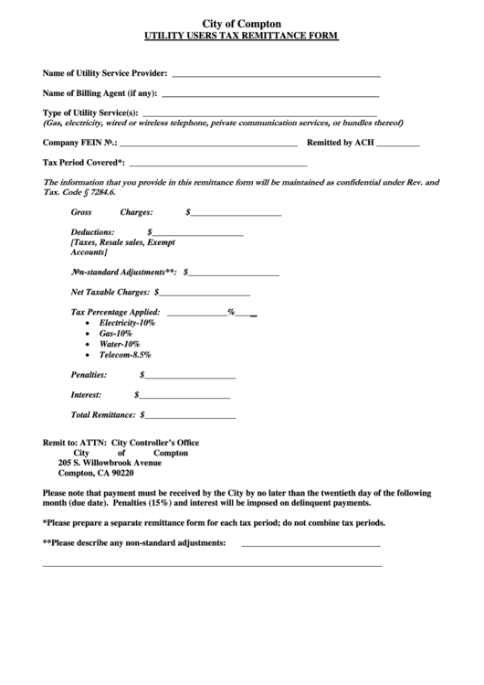 Utility Users Tax Remittance Form - City Of Compton Printable pdf