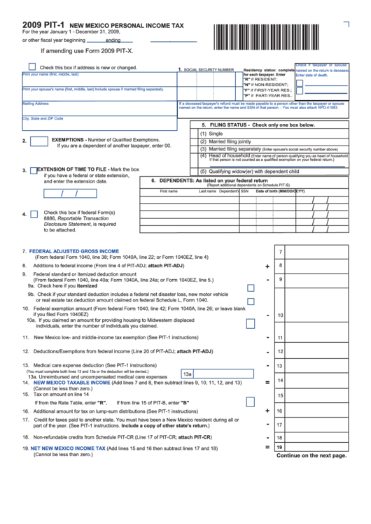 Form Pit-1 - New Mexico Personal Income Tax - 2009 Printable pdf