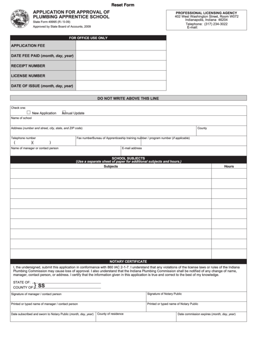 Fillable Form 49995 - Application For Approval Of Plumbing Apprentice School Printable pdf