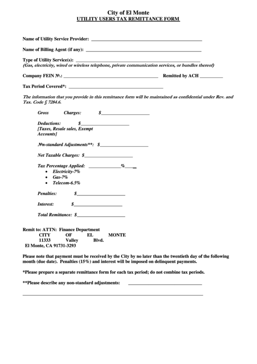 Utility Users Tax Remittance Form - City Of El Monte Printable pdf
