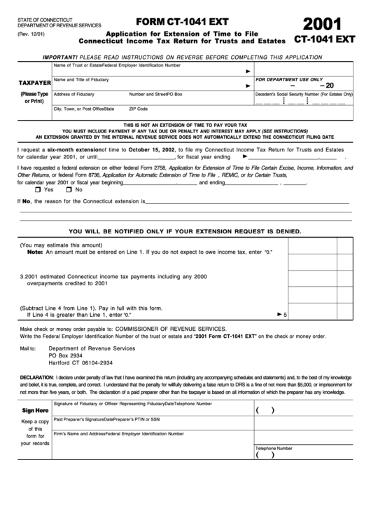 Form Ct-1041 Ext - Application For Extension Of Time To File Connecticut Income Tax Return For Trusts And Estates - 2001 Printable pdf