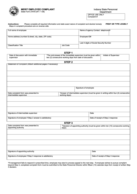 Form 27916 - Merit Employee Complaint Printable pdf