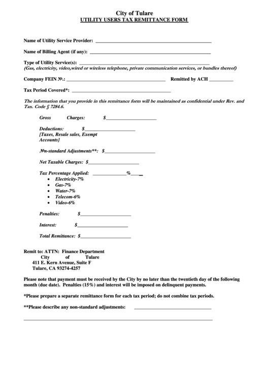 Utility Users Tax Remittance Form - City Of Tulare Printable pdf