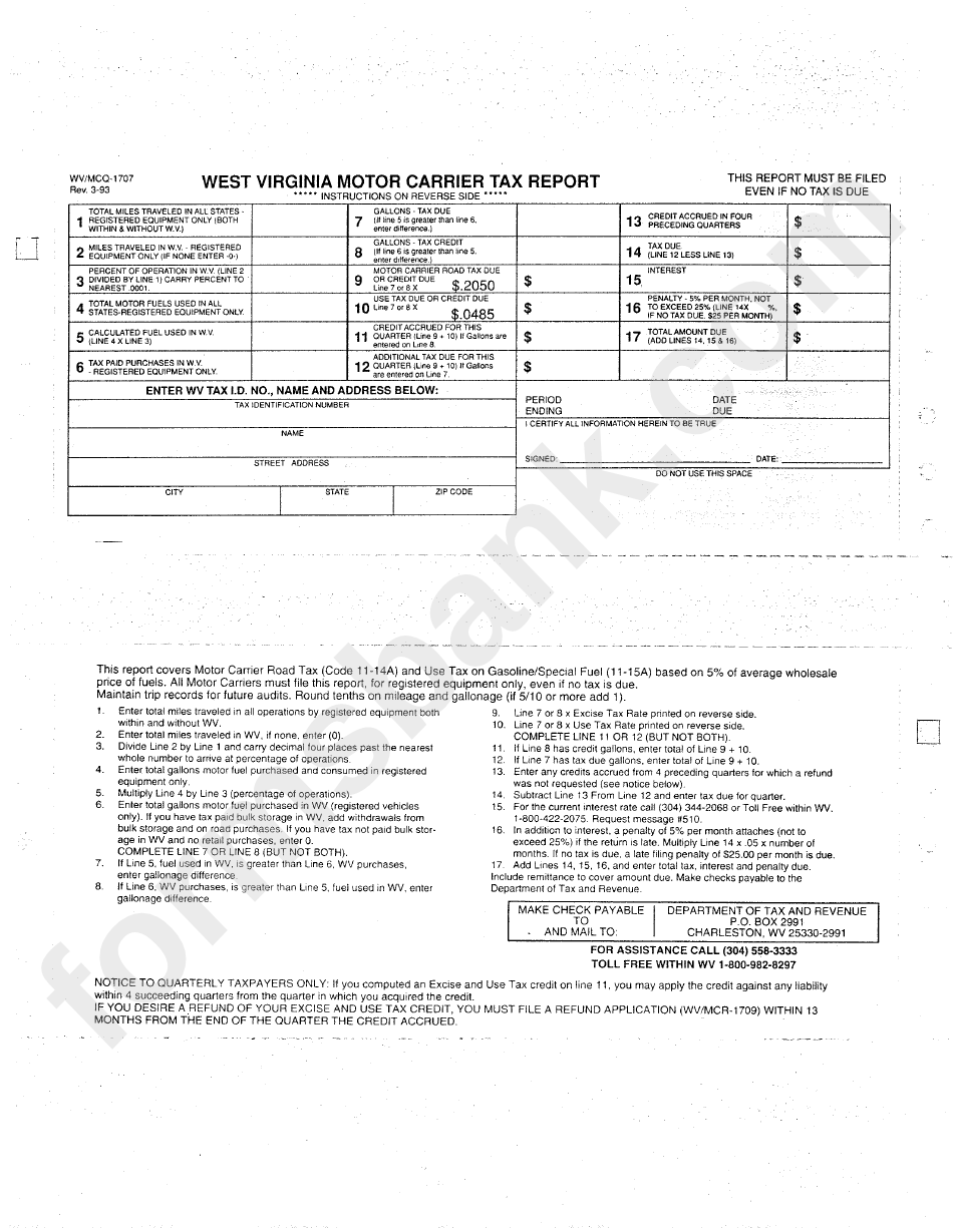 Form Wv/mcq-1707 - West Virginia Motor Carrier Tax Report