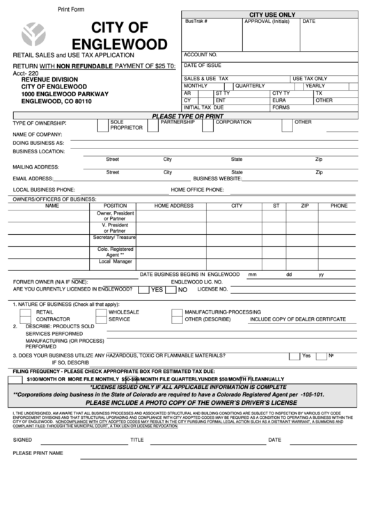Fillable Retail Sales And Use Tax Application Form Printable pdf