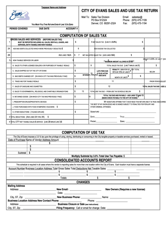 Fillable City Of Evans Sales And Use Tax Return Printable pdf