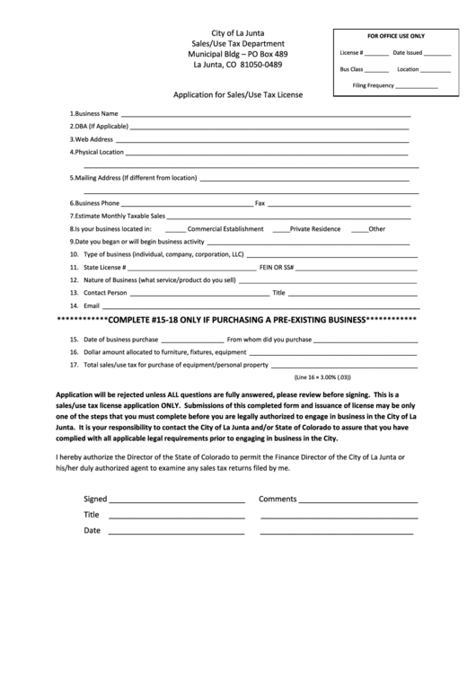 Fillable Application For Sales/use Tax License Form Printable pdf