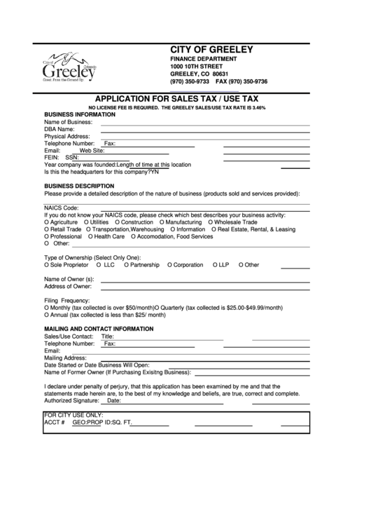 Application For Sales Tax/use Tax Form - 1999 Printable pdf