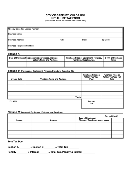 Initial Use Tax Form Printable pdf