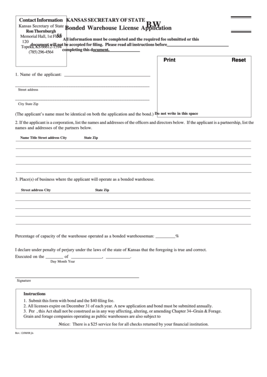 Fillable Form Bw 55 - Bonded Warehouse License Application Printable pdf