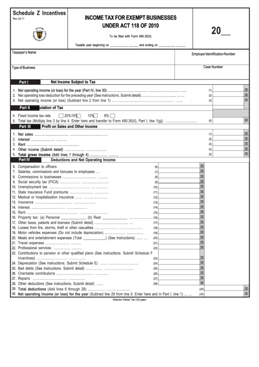 Schedule Z Incentives Tax For Exempt Businesses Under Act 118