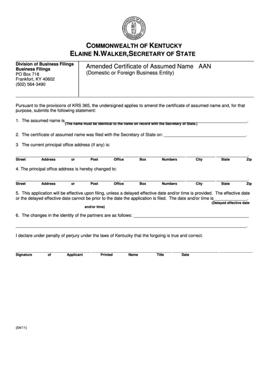 Fillable Form Aan - Amended Certificate Of Assumed Name (Domestic Or Foreign Business Entity) Printable pdf