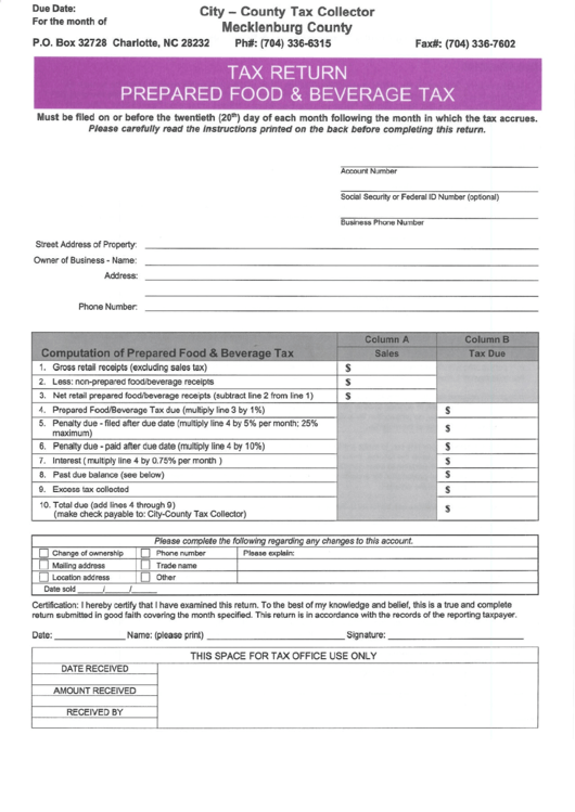 Tax Return - Prepared Food & Beverage Tax Form - Mecklenburg County Printable pdf
