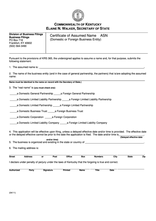 Fillable Form Asn - Certificate Of Assumed Name (Domestic Or Foreign Business Entity) Printable pdf