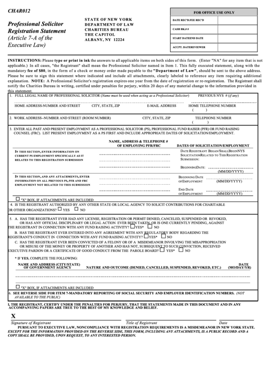 Form Char012 - Professional Solicitor Registration Statement - Department Of Law Printable pdf