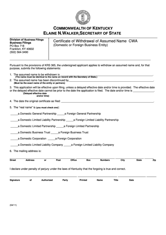 Fillable Form Cwa - Certificate Of Withdrawal Of Assumed Name (Domestic Or Foreign Business Entity) Printable pdf