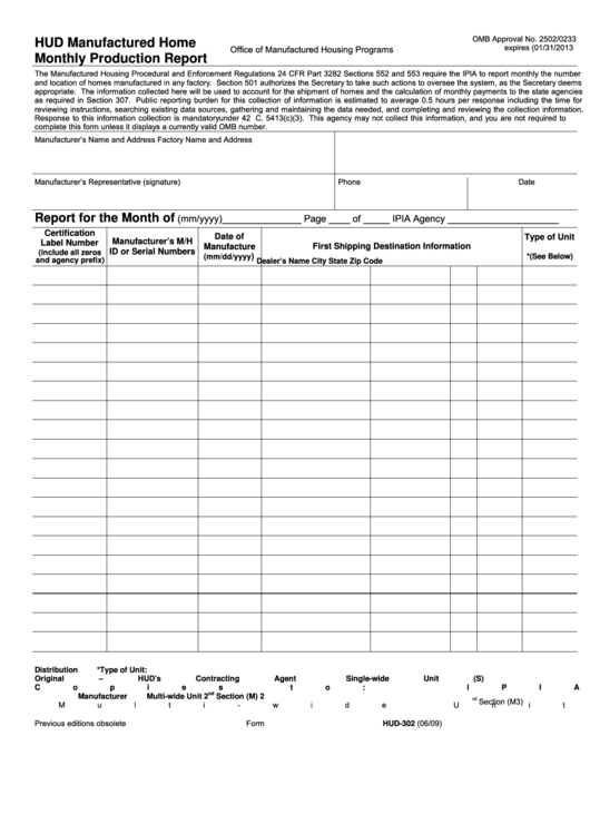Form Hud-302 - Hud Manufactured Home Monthly Production Report - Office Of Manufactured Housing Programs - U.s. Department Of Housing And Urban Development Printable pdf
