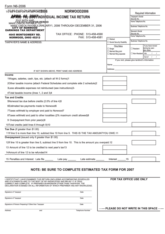 Form N6-2006 - Individual Income Tax Return Printable pdf