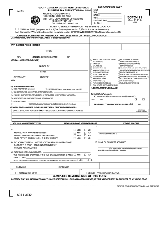 Form Sctc-111 - Business Tax Application Printable pdf