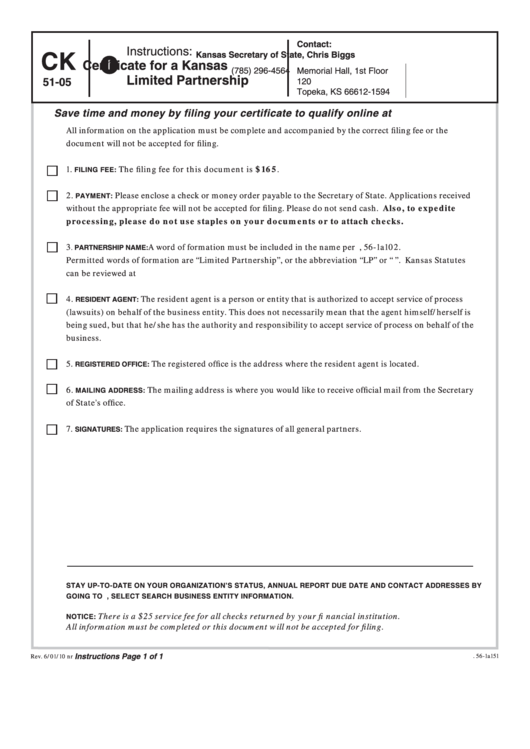 Form Ck 51-05 - Certificate For A Kansas Limited Partnership Printable pdf