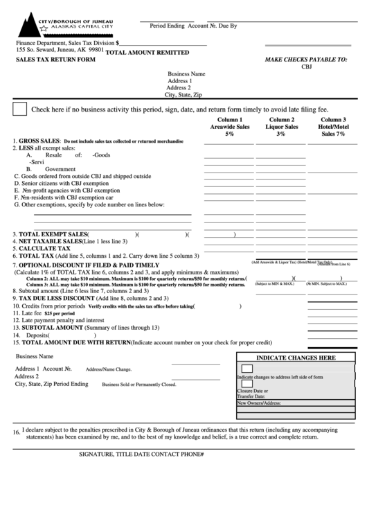 Sales Tax Return Form - City & Borough Of Juneau Printable pdf